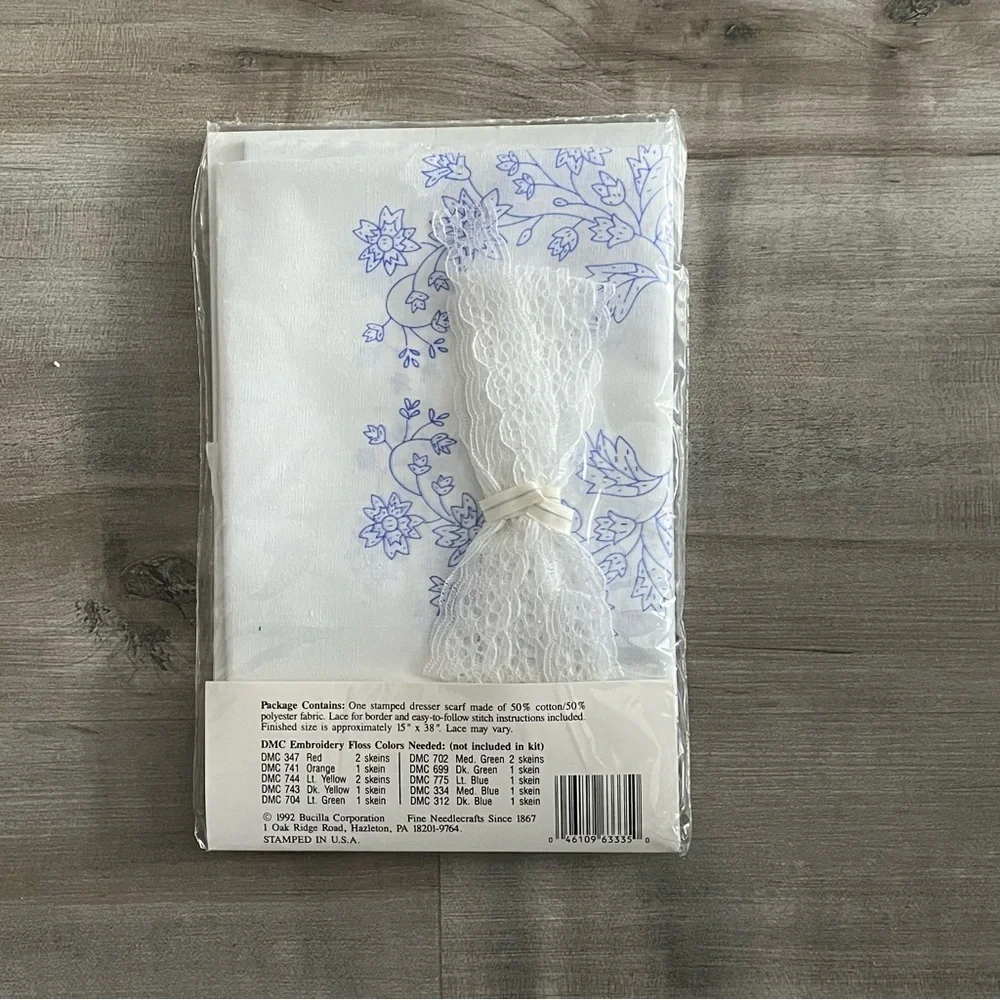 NWT Bucilla Special Edition Stamped Embroidery Flowers Dress Scarf & DMC Floss